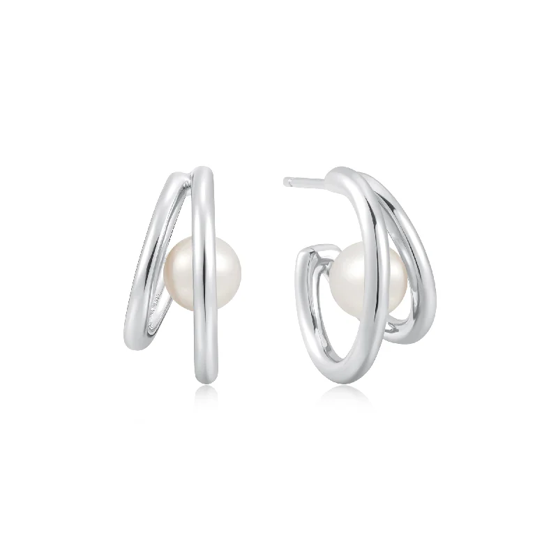 large hoop earrings for women -Silver Duo Freshwater Pearl Stud Hoops