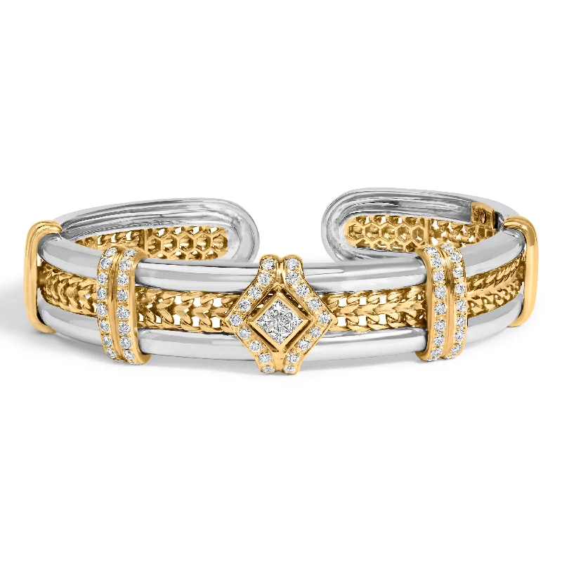 18K Two-Tone Gold 1 1/2 Cttw Diamond Open Cuff Bangle Bracelet Braided Detail Geometric Centerpiece