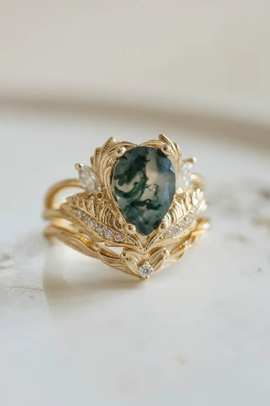 wedding bands and engagement rings for women -Pear shaped moss agate engagement ring set, nature themed gold rings / Adonis