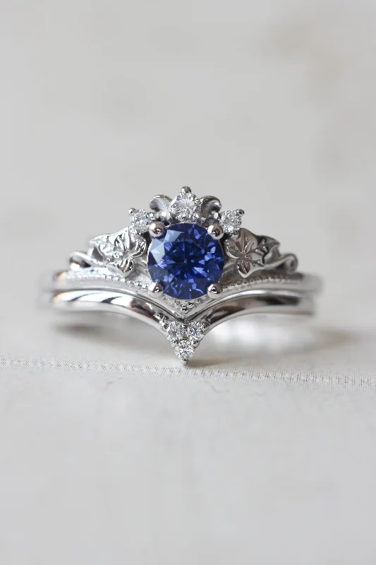 silver engagement rings for women -Bridal ring set with lab sapphire and diamonds / Ariadne simplified