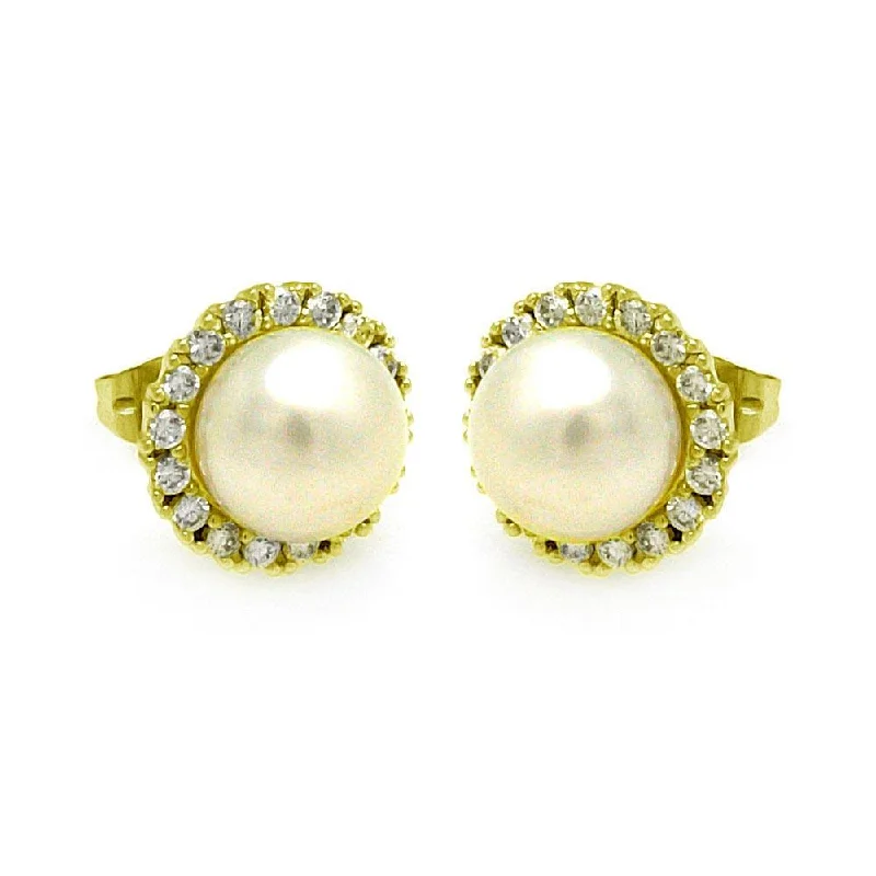 luxury earrings for women -Gold Plated 925 Sterling Silver Round CZ Center Fresh Water Pearl Stud Earrings - BGE00253GP