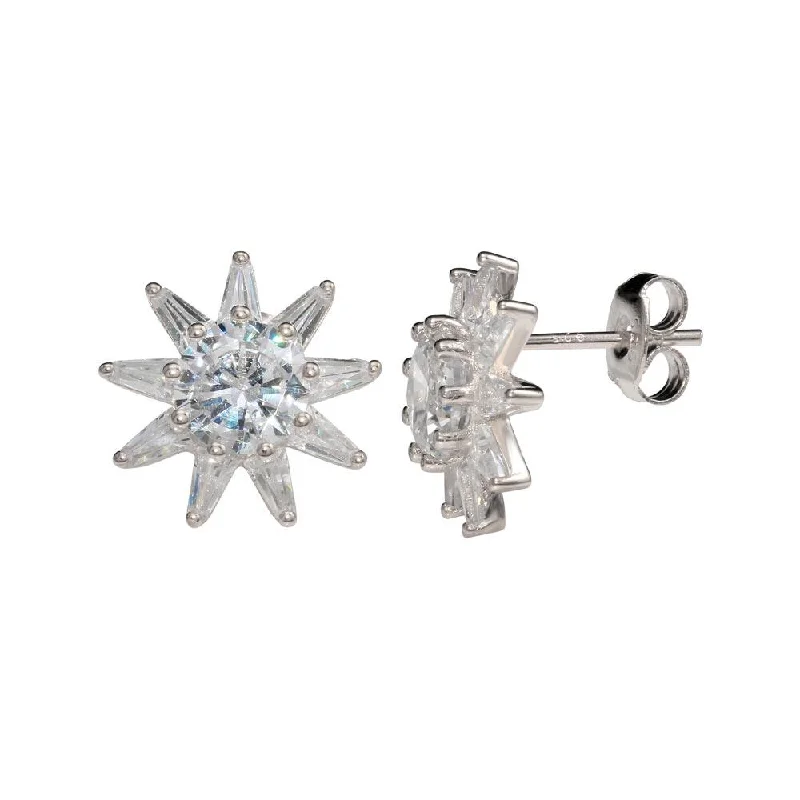 silver stud earrings for women -Rhodium Plated 925 Sterling Silver CZ Sun Stud Earrings - STE01149RH