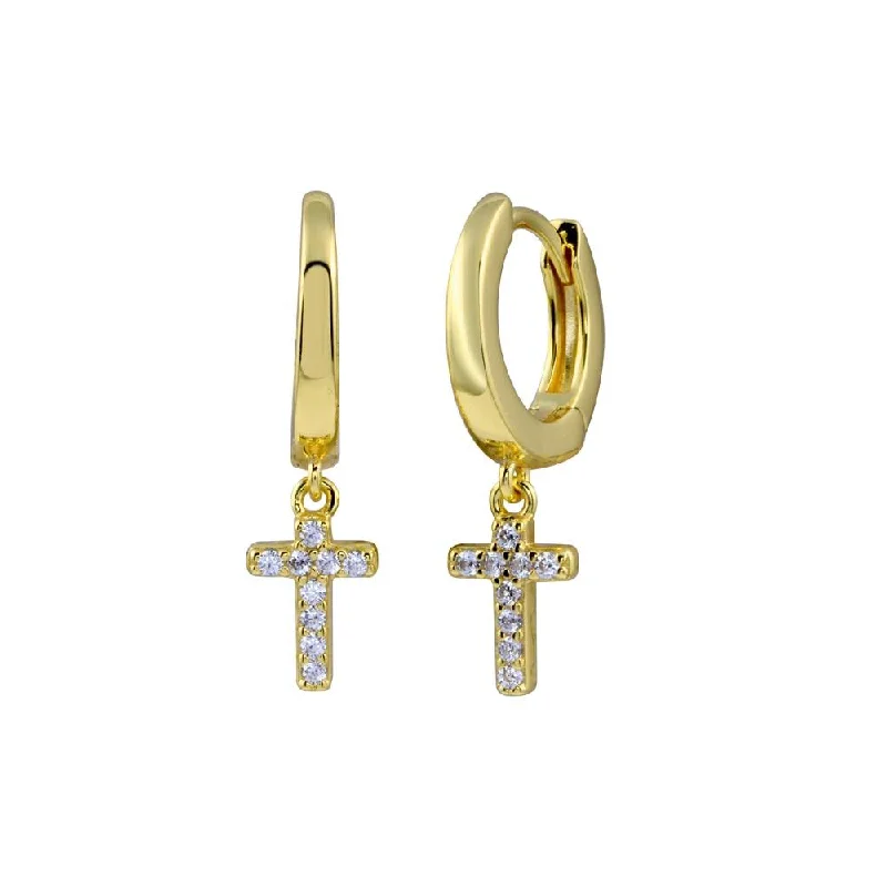 statement earrings for women -Gold Plated 925 Sterling Silver CZ huggie hoop Cross Earring - STE01279GP