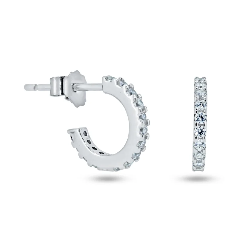 twisted earrings for women -Sterling Silver Rhodium Plated CZ Huggie Semi Hoop Earrings - STE01349