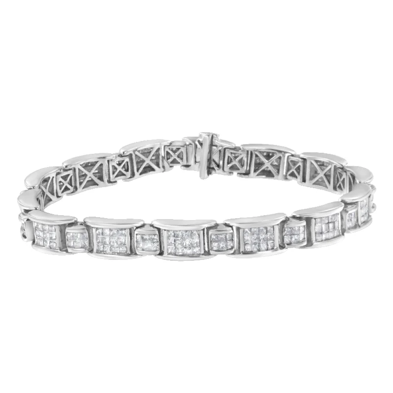 14K White Gold 5.0 Cttw Princess-Cut Diamond Rectangular Alternating Station 7" Tennis Bracelet