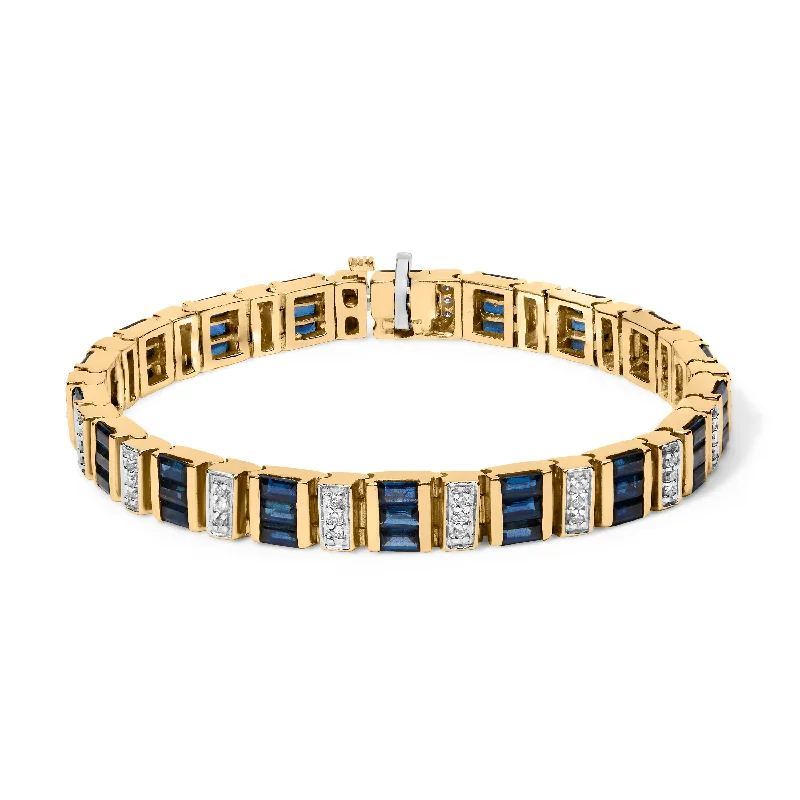 14K Yellow Gold 2/5 Cttw Diamond & 8.0 Cttw Baguette Cut Blue Sapphire Alternating Link Bracelet