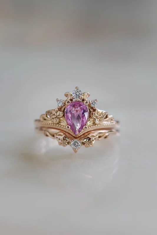 fancy engagement rings -Natural pink sapphire and diamonds bridal ring set / Ariadne