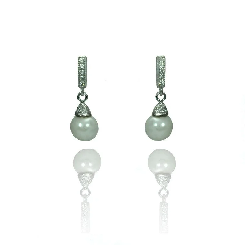 fashion-forward earrings for women -Silver 925 Rhodium Plated Round Clear CZ Synthetic Pearl Dangling Stud Earrings - STE00902