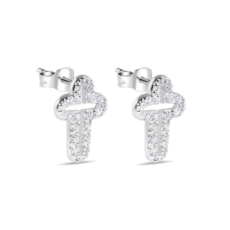 mixed metal earrings for women -Silver 925 Rhodium Open Cross Plated Clear CZ Stud Earrings - STEM023