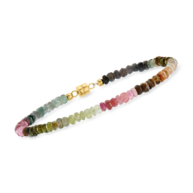 Ross-Simons Multicolored Tourmaline Bead Bracelet With 14kt Yellow Gold Magnetic Clasp