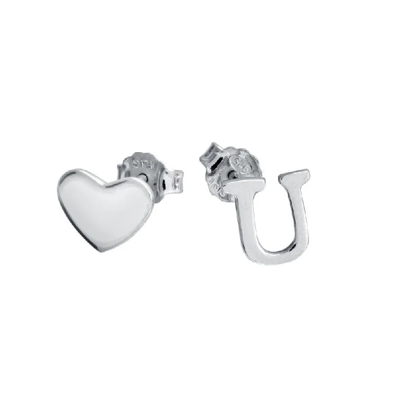 luxury crystal earrings for women -Rhodium Plated 925 Sterling Silver Heart and U Earrings - SOE00040