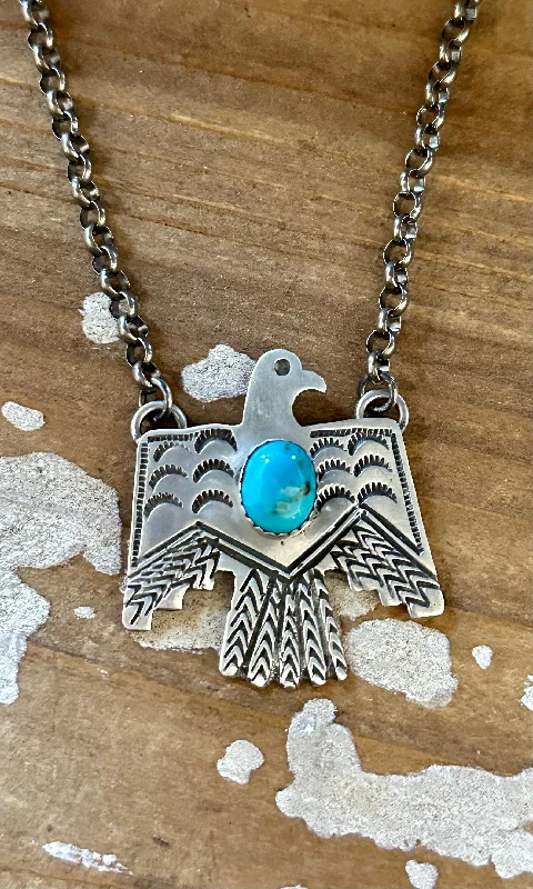 stacked necklaces for women -THUNDERBIRD Native Sterling Silver & Turquoise Necklace Pendant • 18g