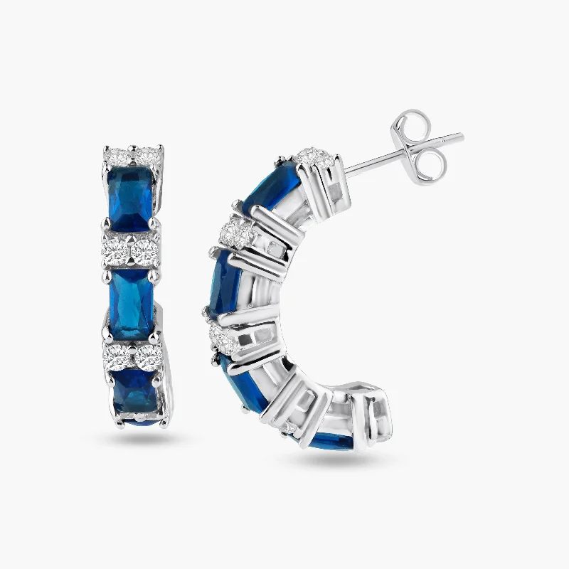 glamorous earrings for women -Silver 925 Rhodium Plated Crescent Blue Baguette CZ huggie hoop Earrings - STE00612