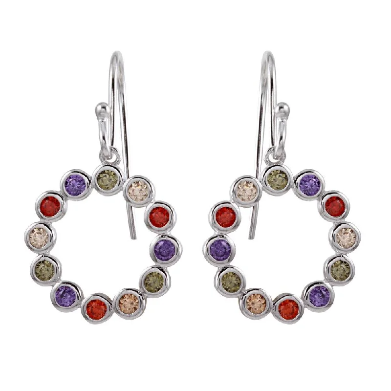 artistic earrings for women -Rhodium Plated 925 Sterling Silver Multi-Colored CZ Open Circle Earrings - STE01140