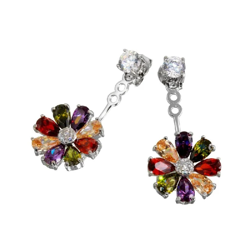 women’s luxury diamond earrings -Rhodium Plated 925 Sterling Silver Multi Color Sunflower Hanging Front and Back Earrings - BGE00553