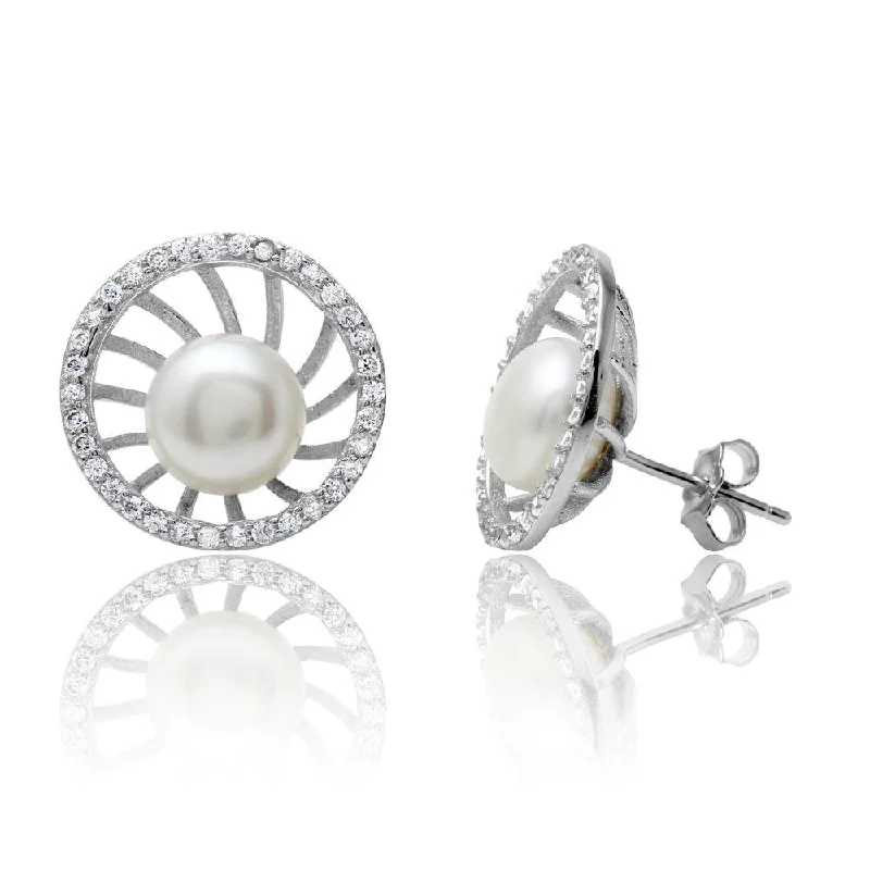 stud earrings for women -Rhodium Plated 925 Sterling Silver Fresh Water Pearl Center CZ Border Stud Earrings - BGE00514