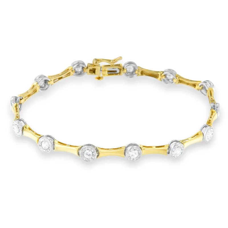 10K Yellow Gold Flashed .925 Sterling Silver 1.0 Cttw Miracle Set Round-Cut Diamond Bezel Style Link Bracelet