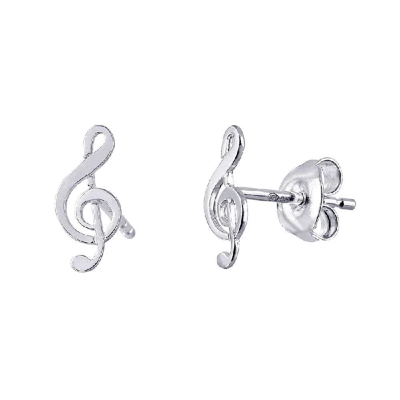 vintage-inspired earrings for women -Silver 925 Rhodium Plated Music Treble Clef Shaped Stud Earrings - GME00018RH