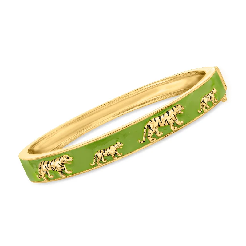 Ross-Simons Green and Black Enamel Tiger Bangle Bracelet in 18kt Gold Over Sterling