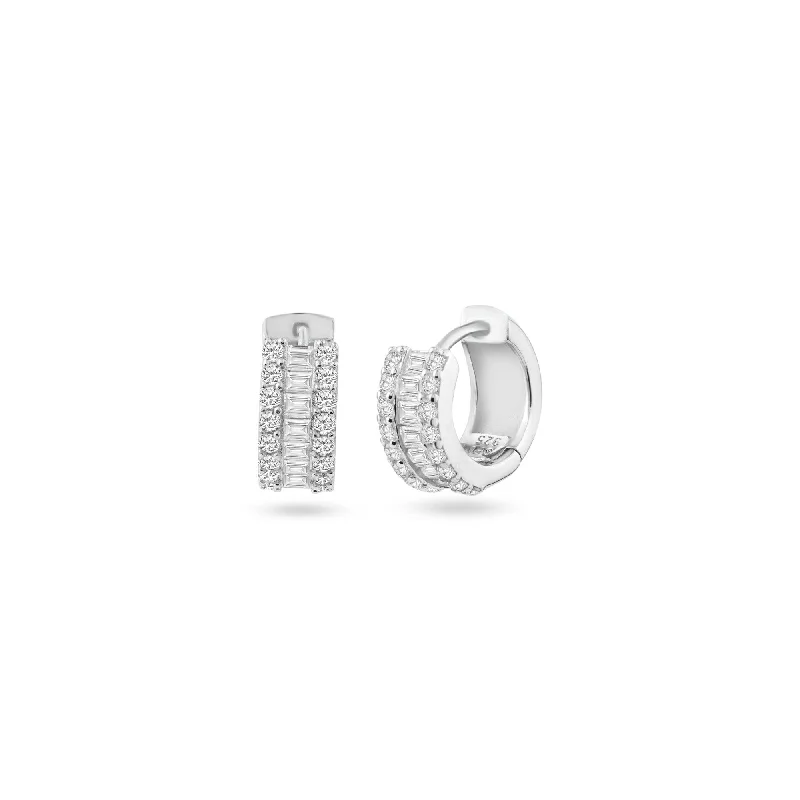 women’s chandelier earrings -Rhodium Plated 925 Sterling Silver Pave Huggie Hoop Earring 13mm - STE01338