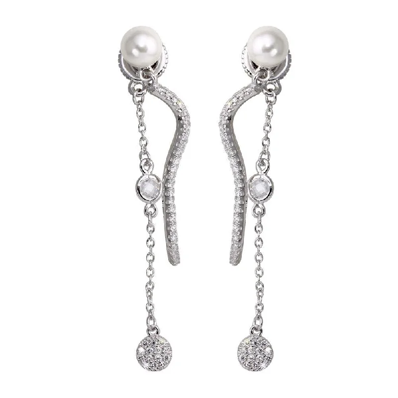 silver dangle earrings for women -Rhodium Plated 925 Sterling Silver Front and Back Dangling Earrings with CZ and Synthetic Pearl - BGE00585