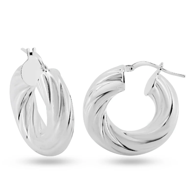 drop earrings for women -Rhodium Plated 925 Sterling Silver Silver Twisted Inner Size 12mm Hoop Earrings - ARE00029