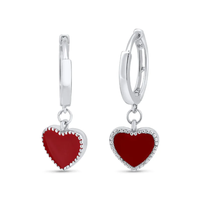 luxury earrings for women -Rhodium Plated 925 Sterling Silver Red Enamel Heart 10mm Hoop Earrings - GME00143