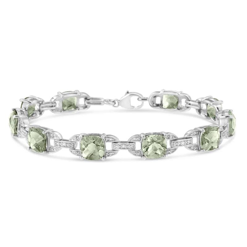 .925 Sterling Silver 7x7 mm Cushion Cut Green Amethyst and 1/20 cttw Round Cut Diamond Fashion Tennis Bracelet