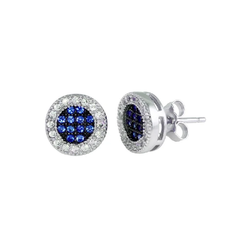 women’s silver hoop earrings -Rhodium Plated 925 Sterling Silver Clear and Blue CZ Halo Stud Earrings - BGE00631BLU