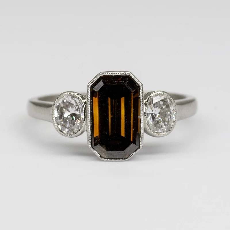 Art Deco Emerald Cut Chocolate Diamond Ring with Oval Side Diamonds | SZ 6.25 |