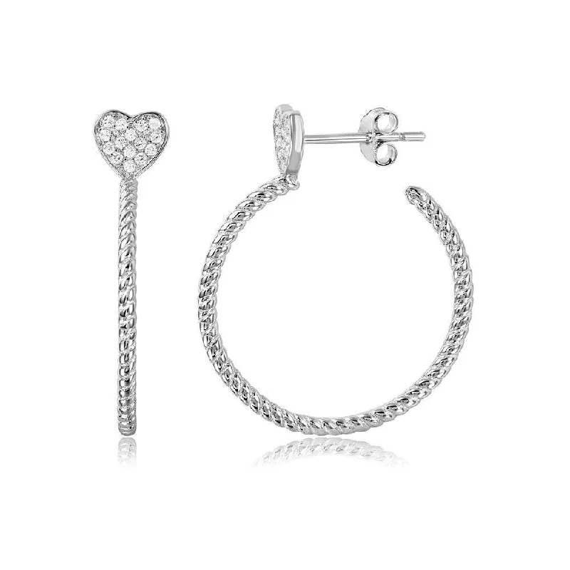 dangling gold earrings for women -Silver 925 Rhodium Plated Rope Designed Semi Hoop Earrings on a CZ Heart - STE01057