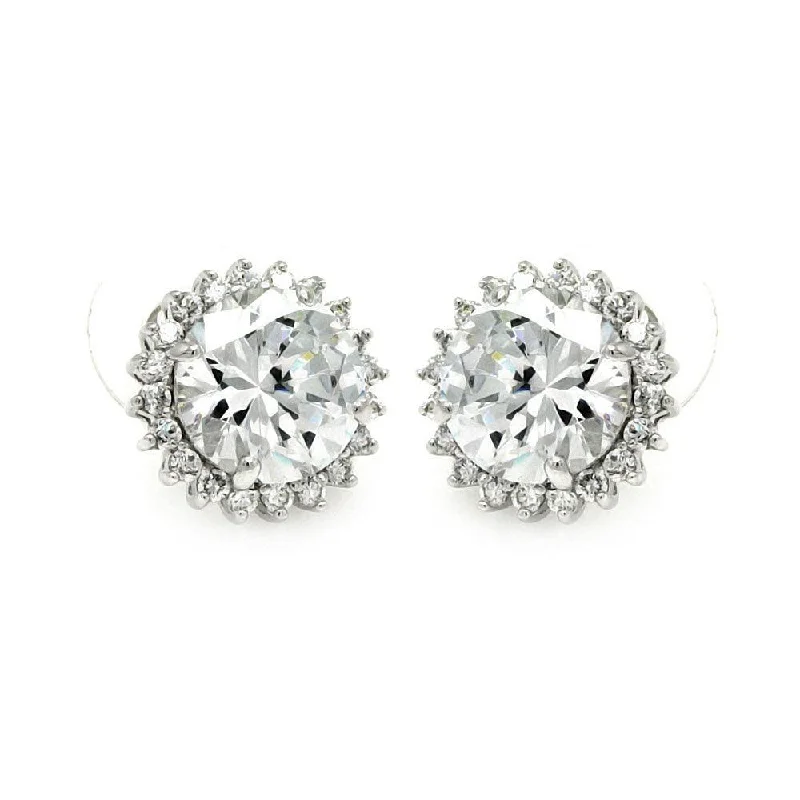 clip-on earrings for women -Silver 925 Rhodium Plated Round Center Sun CZ Stud Earrings - BGE00212