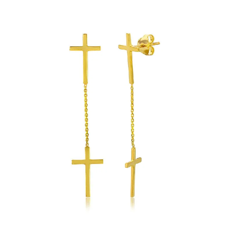 layered earrings for women -Silver 925 Gold Plated Double Hanging Cross Earrings - DIE00001GP