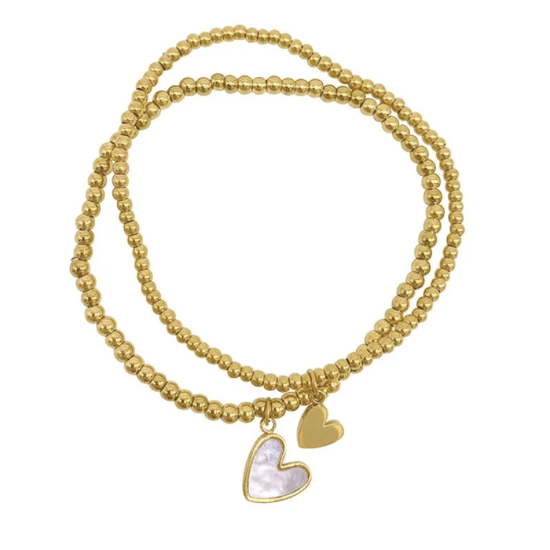 Tarnish Resistant 14k Gold Plated Set of Heart Ball Bracelets with Mother-of-Pearl