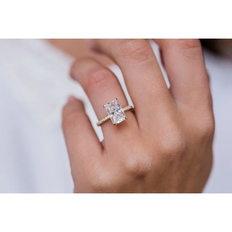 vintage-inspired engagement rings -3 CT Radiant cut Hidden Halo Four prong  Moissanite Engagement Ring