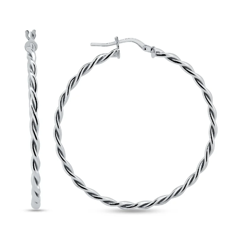 vintage-inspired earrings for women -Rhodium Plated 925 Sterling Silver Silver Twisted Hoop Earrings - ARE00040RH