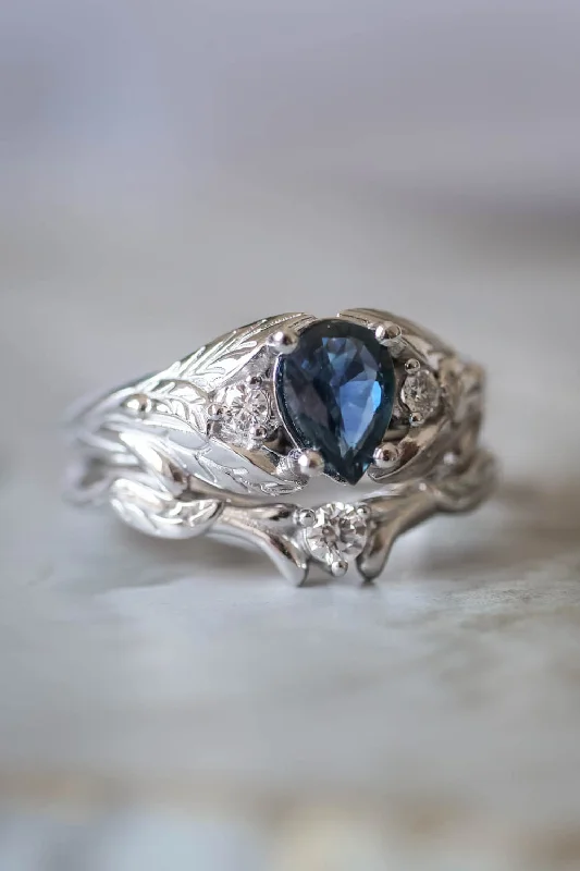 vintage inspired diamond engagement rings -Genuine sapphire bridal ring set, blue sapphire ring  / Wisteria