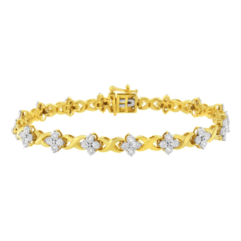 10K Yellow Gold Plated Sterling Silver 1/4 cttw Diamond 4 Leaf Clover Link Tennis Bracelet