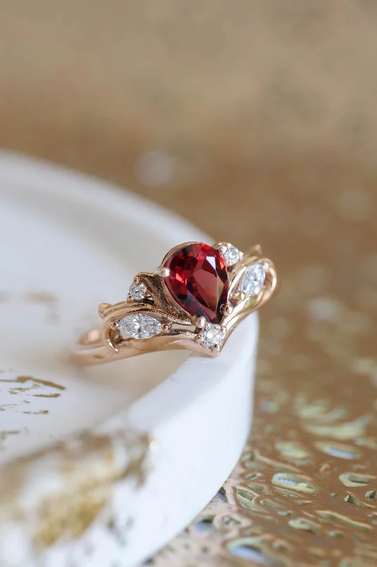 gold engagement rings for women -READY TO SHIP: Swanlake engagement ring in 14K rose gold, pear garnet 7x5 mm, natural diamonds, AVAILABLE RING SIZES: 5.5 - 8.5 US