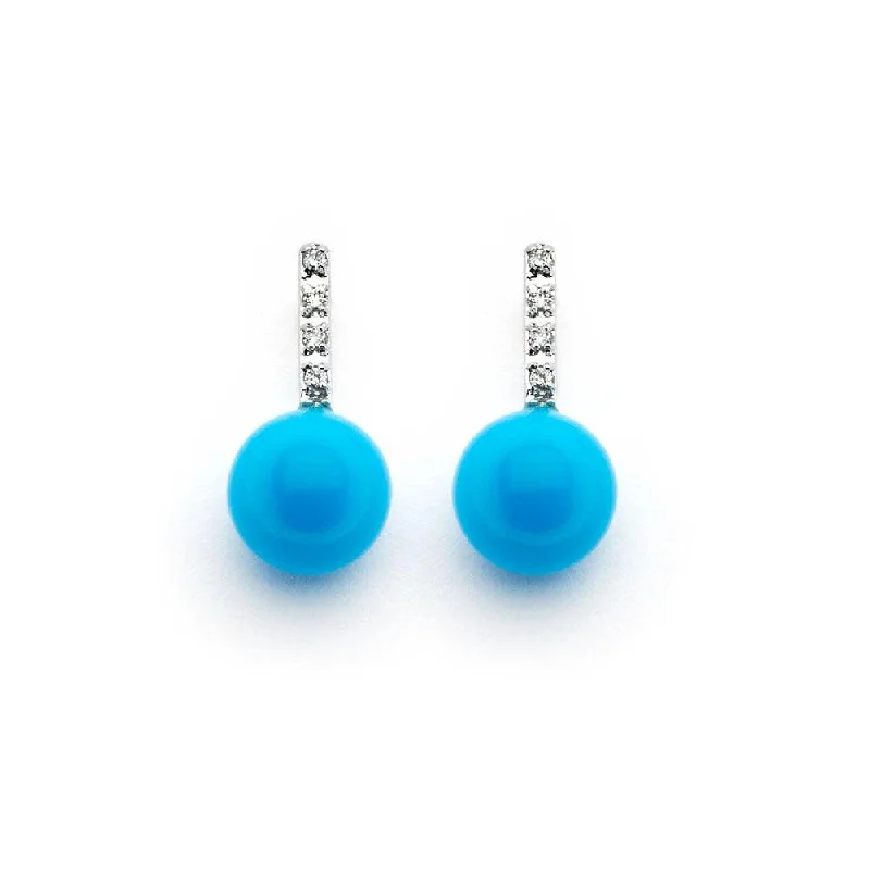 sparkling earrings for women -Silver 925 Rhodium Plated Small Clear CZ Dangling Turquoise Stud Earrings - BGE00345