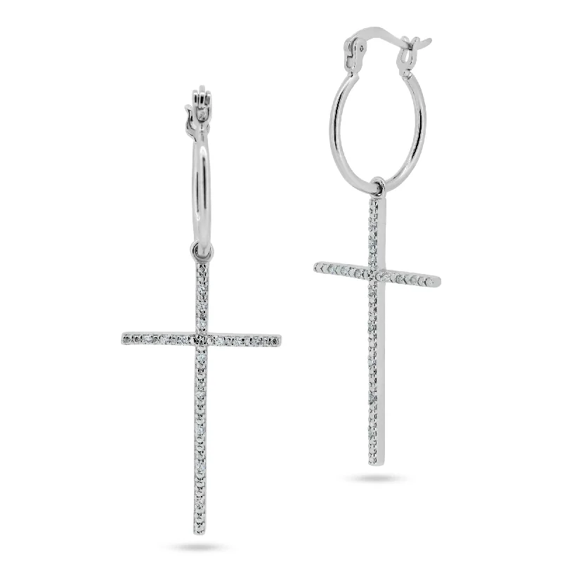 women’s earrings -Rhodium Plated 925 Sterling Silver Cross CZ Dangling hoop Earring - STE01357