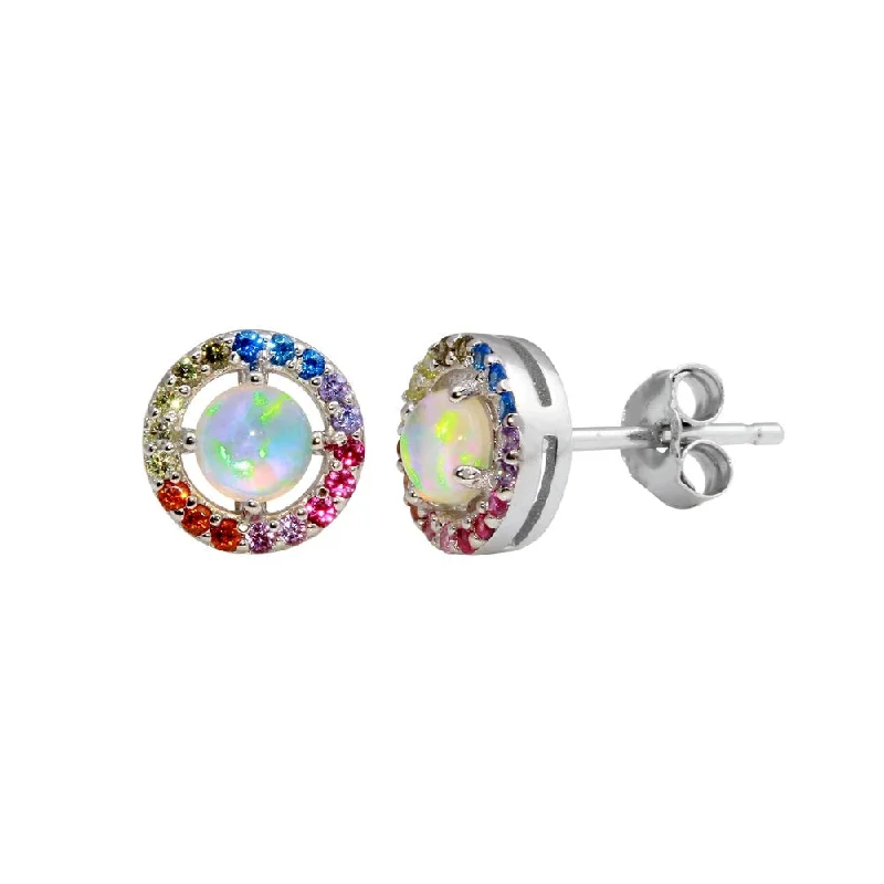 creative earrings for women -Rhodium Plated 925 Sterling Silver Rainbow Multi CZ Stud Earrings 7.5mm - STE01204