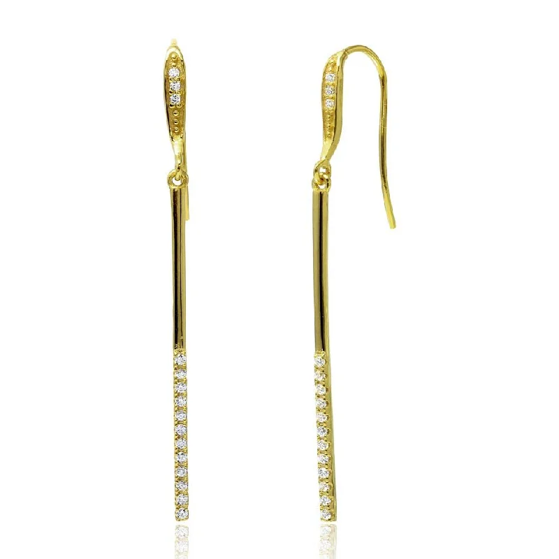 affordable diamond earrings for women -Gold Plated 925 Sterling Silver Dangling Bar CZ Earrings - BGE00520