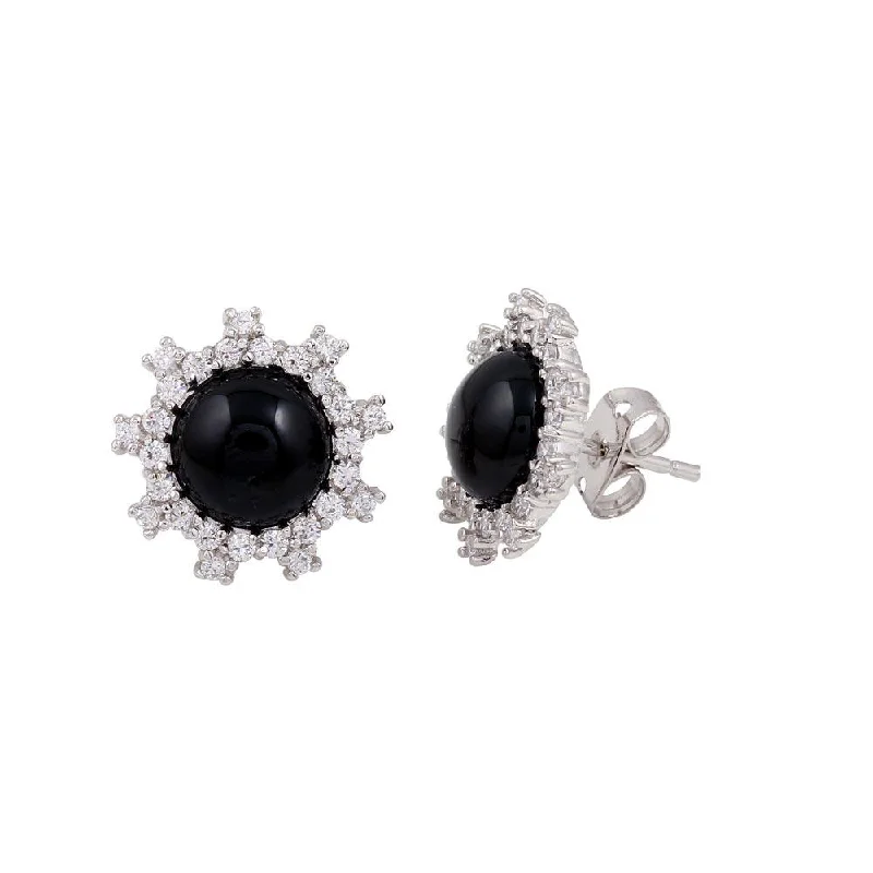 sparkling hoop earrings for women -Rhodium Plated 925 Sterling Silver Black Flower Stud Earrings with CZ - BGE00428