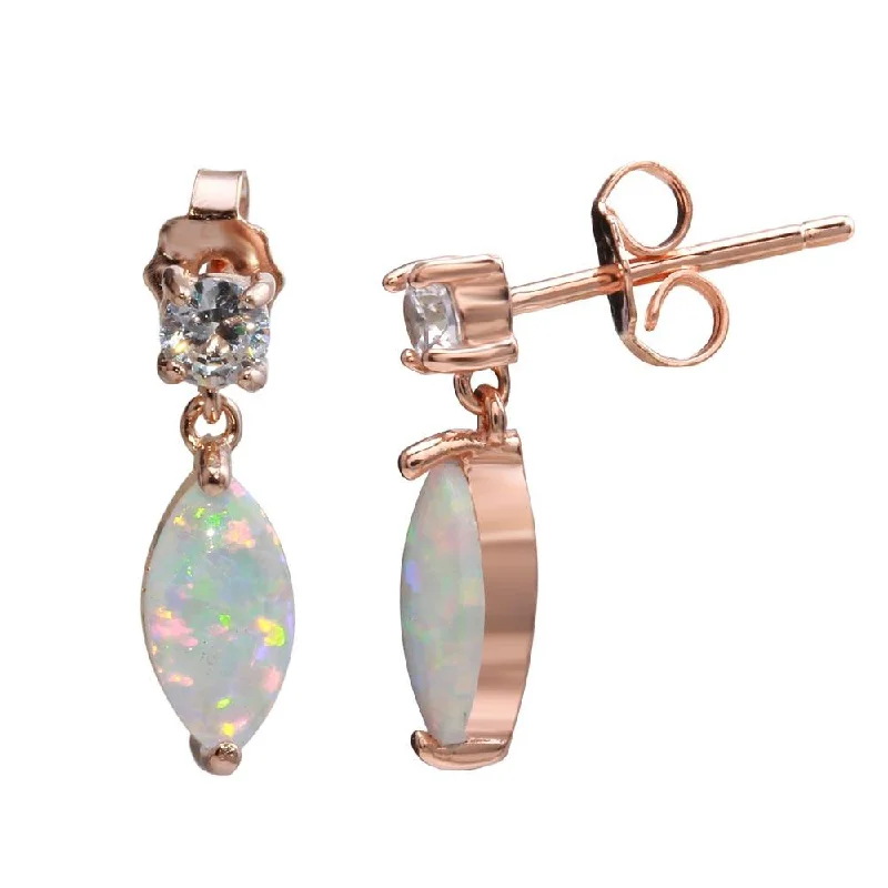 designer diamond earrings for women -Rose Gold Plated 925 Sterling Silver Mini Dangling Oval Earrings with CZ and Synthetic Pearl - STE01163RGP