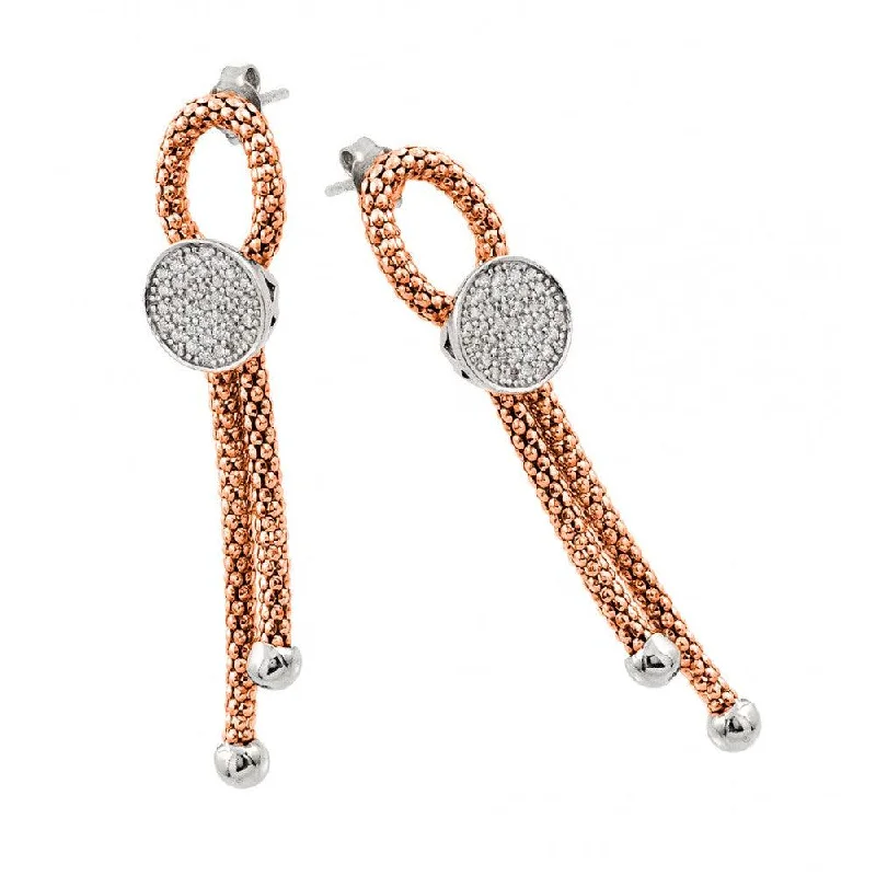 sparkling hoop earrings for women -Silver 925 Rhodium and Rose Gold Plated Dangling Ribbon Center Circle CZ Inlay Dangling Stud Earrings - ECE010RGP