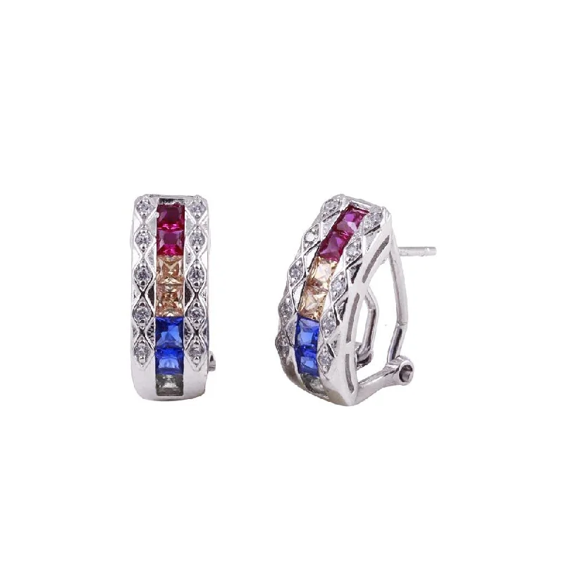 personalized earrings for women -Rhodium Plated 925 Sterling Silver Multi-Colored Clip On Hoop Earrings - BGE00602