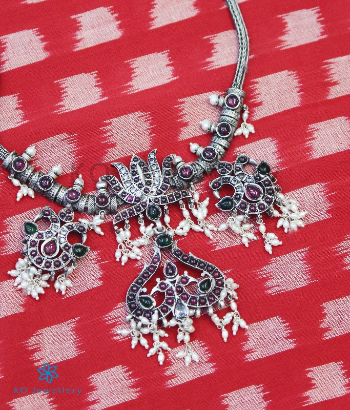 unique charm necklaces for women -The Utpala Silver Peacock Kempu Necklace