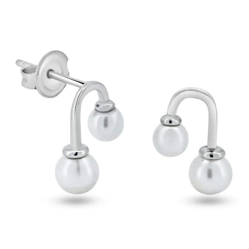 unique pearl earrings for women -Rhodium Plated 925 Sterling Silver Dangling Synthetic Pearl Stud Earrings - GME00133