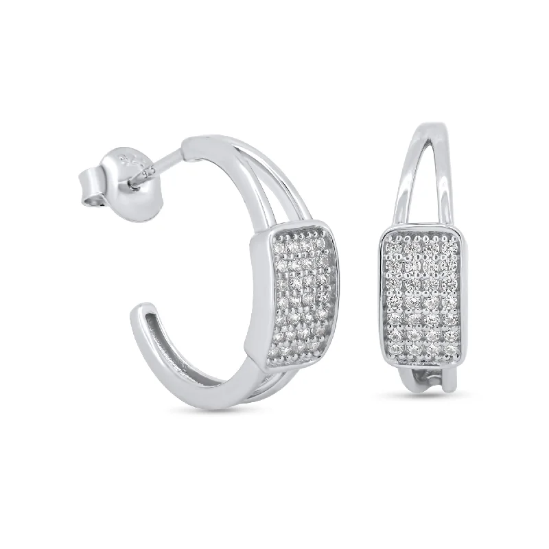 matching earrings for women -Rhodium Plated 925 Sterling Silver Square Center Encrusted CZ Semi Hoop Earrings - GME00126